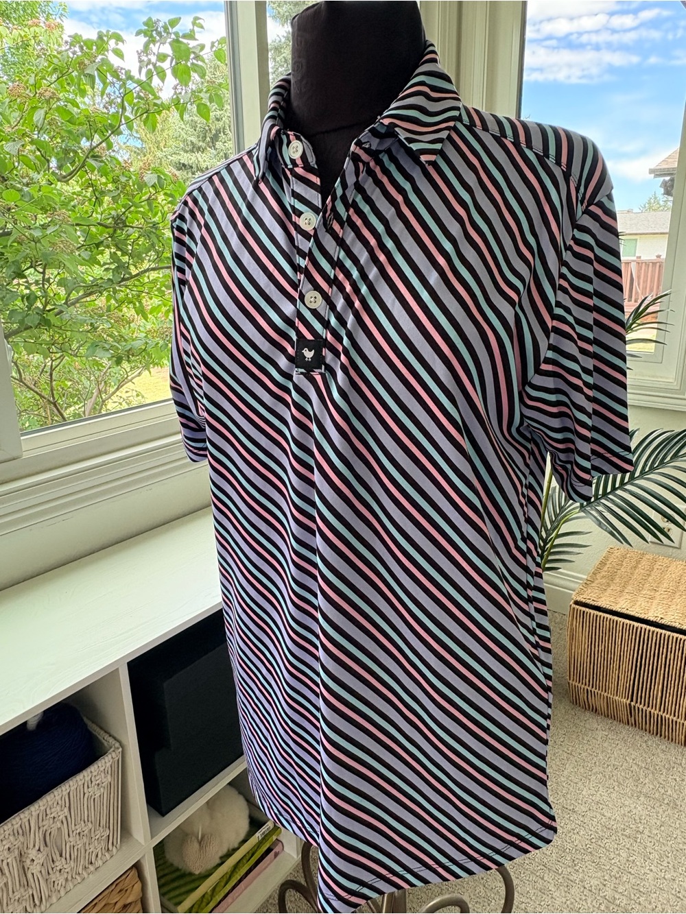 Bad Birdie Men's Diagonal Stripe Polo - Black, Pink & Light Blue